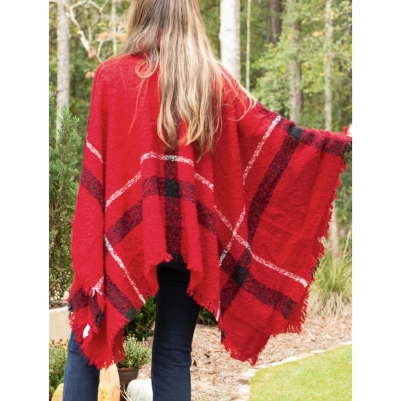 Easy On Me Plaid Turtleneck Poncho - Red - Picture 6 of 10